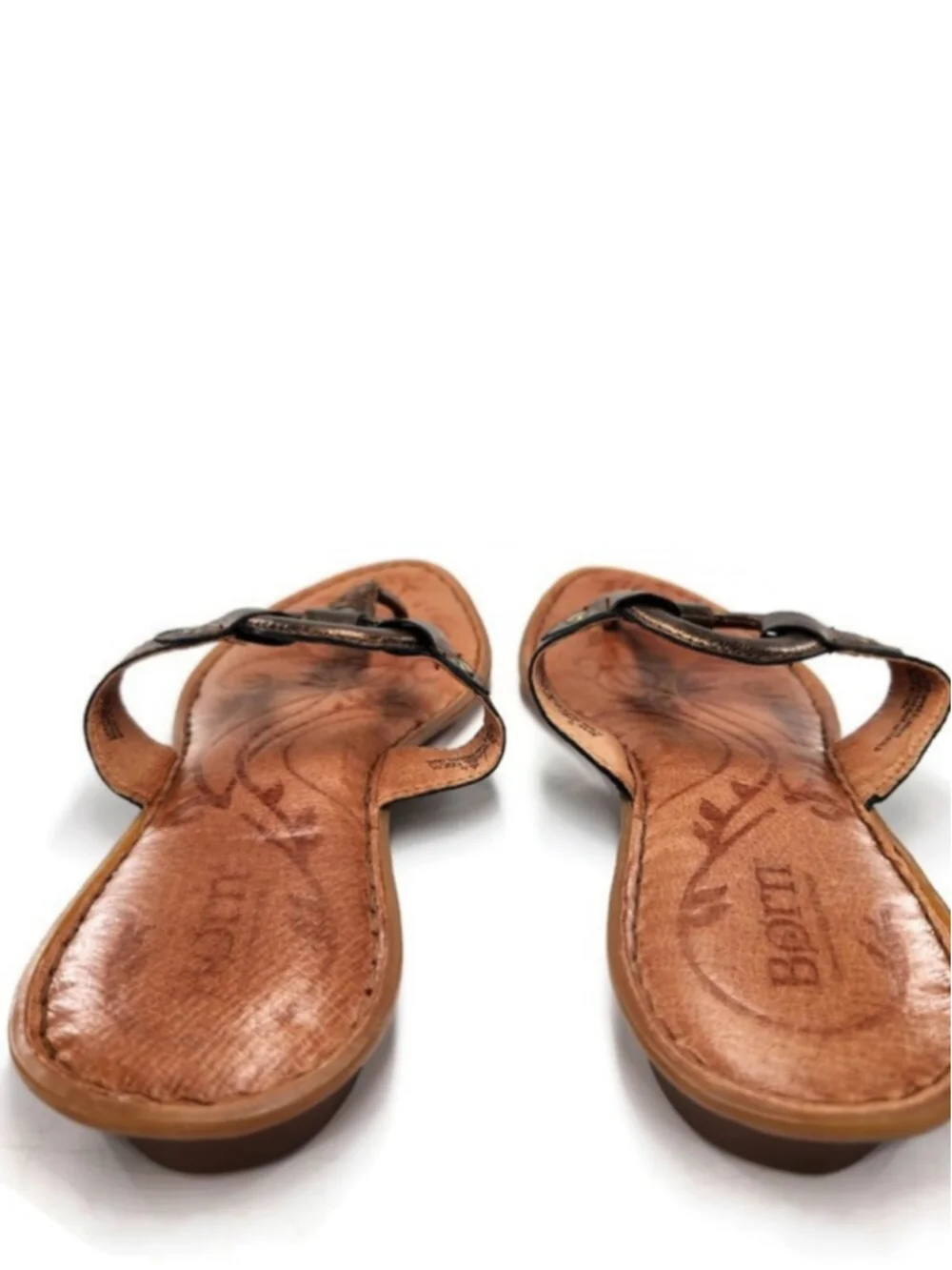 Born Bronze Metallic Leather Ring Accent Flat Slide-On Post-Toe Thong Sandals